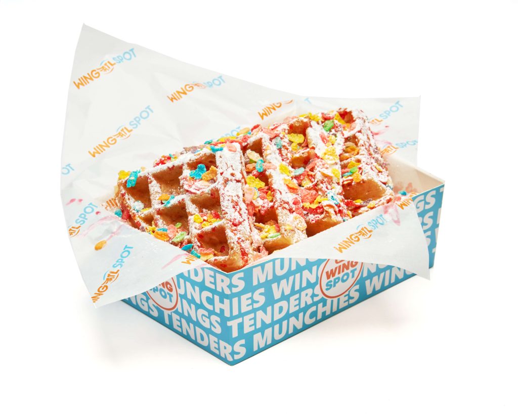 3 hand breaded Chicken Tenders served with a crispy Fruity Pebbles waffle topped with powdered sugar and strawberry syrup. Served with syrup on the side.
