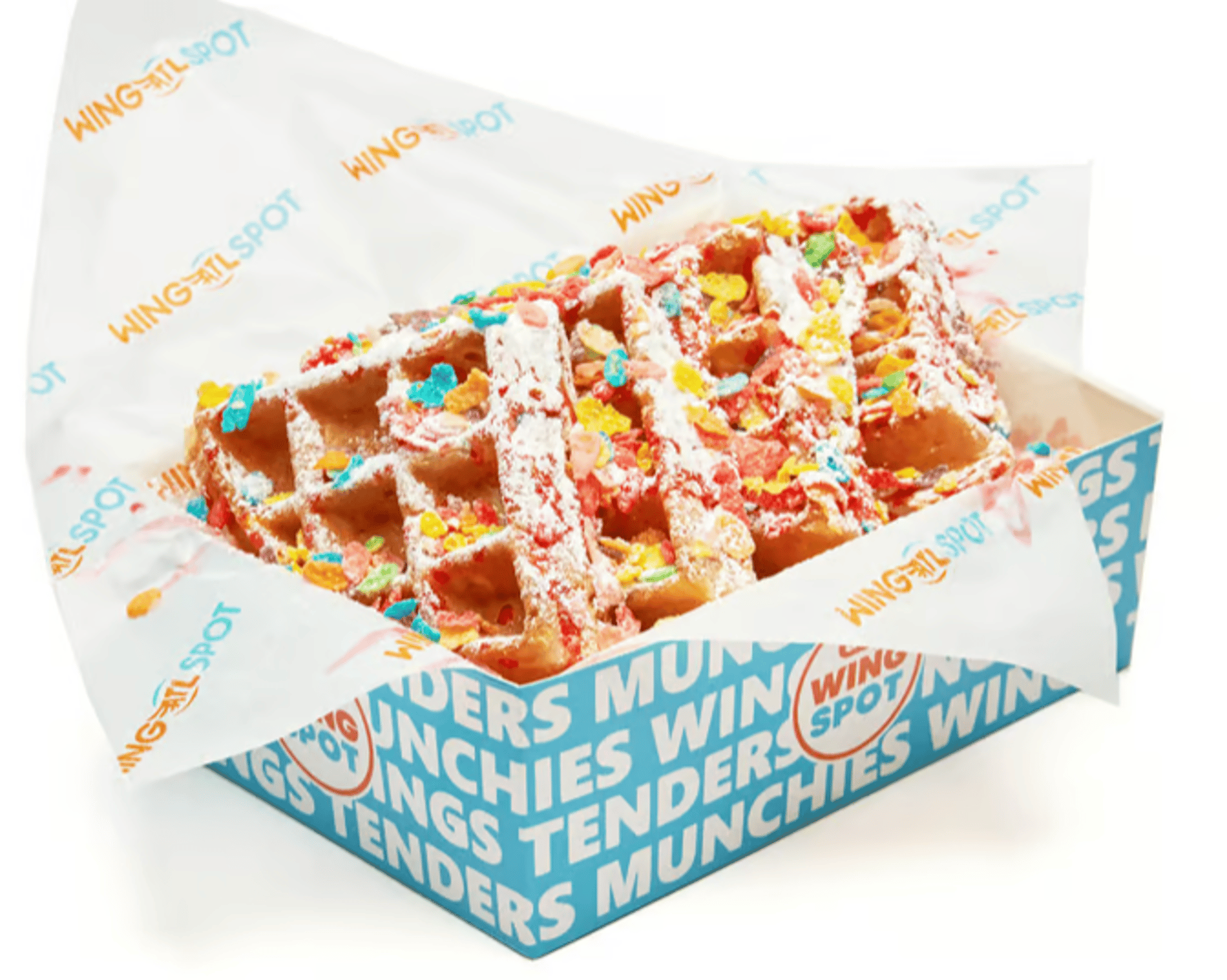 Crispy Fruity Pebbles waffle topped with strawberry syrup, powdered suqar, and more FRUITY PEBBLES!